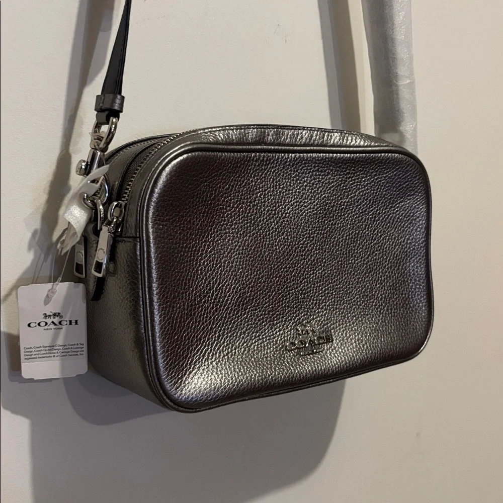 Coach Metallic Silver / Gun Metal  Pebbled Leather Jes Crossbody Bag NWT